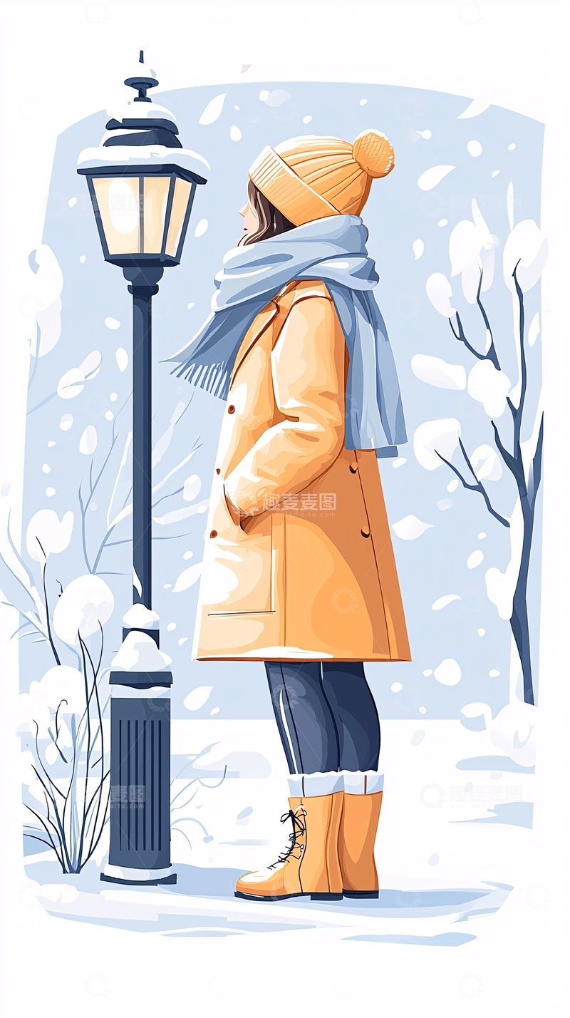 高清大图下载【趣麦麦图】冬日雪景中的温暖身影