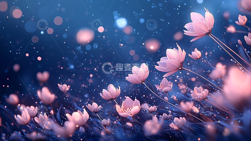 高清大图下载【趣麦麦图】梦幻蓝色背景下的粉色花朵