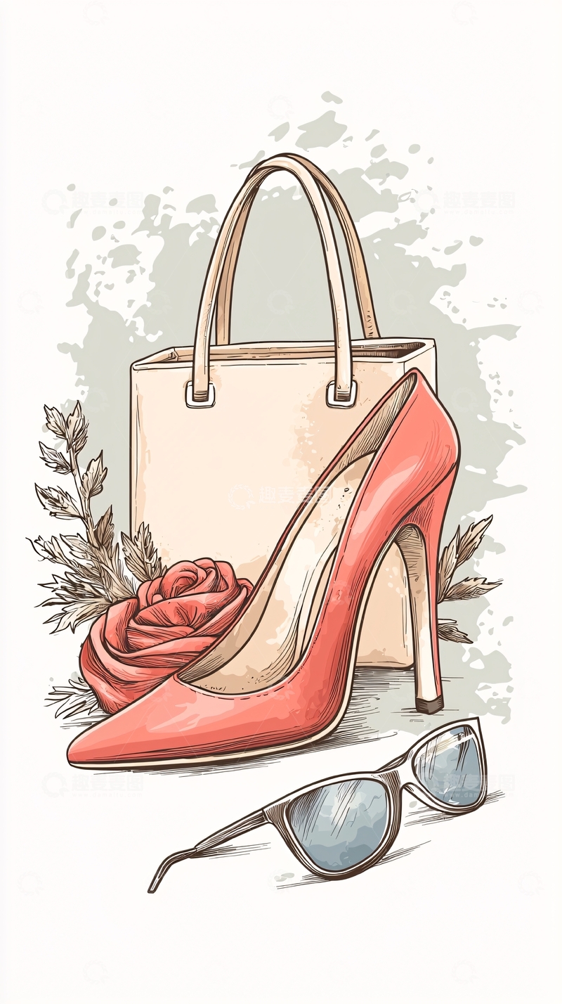 高清大图下载【趣麦麦图】时尚高跟鞋与手袋插画