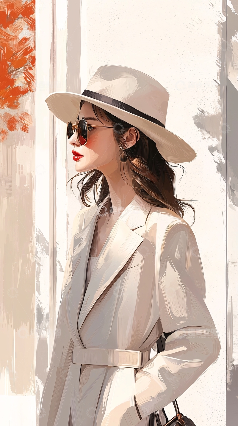 高清大图下载【趣麦麦图】时尚优雅女士戴帽手提包插画