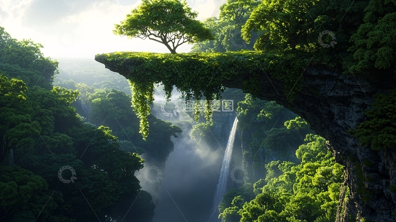高清大图下载【趣麦麦图】悬崖瀑布绿树自然风光
