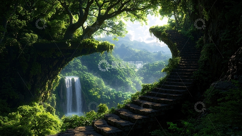 高清大图下载【趣麦麦图】石阶瀑布森林仙境