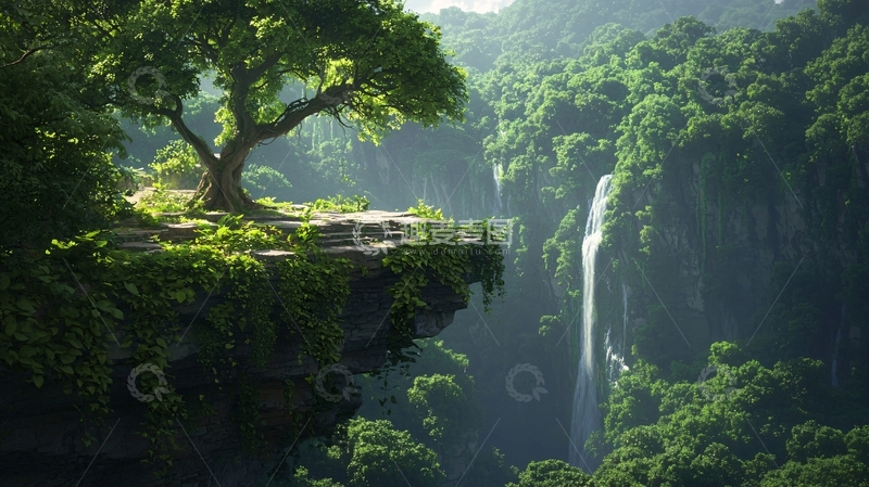 高清大图下载【趣麦麦图】瀑布森林悬崖边的自然风光