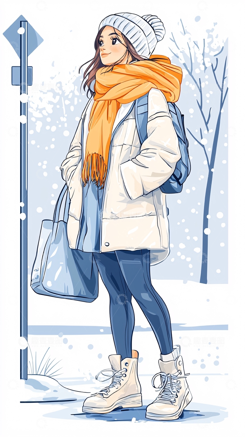 高清大图下载【趣麦麦图】冬日街头时尚穿搭插画