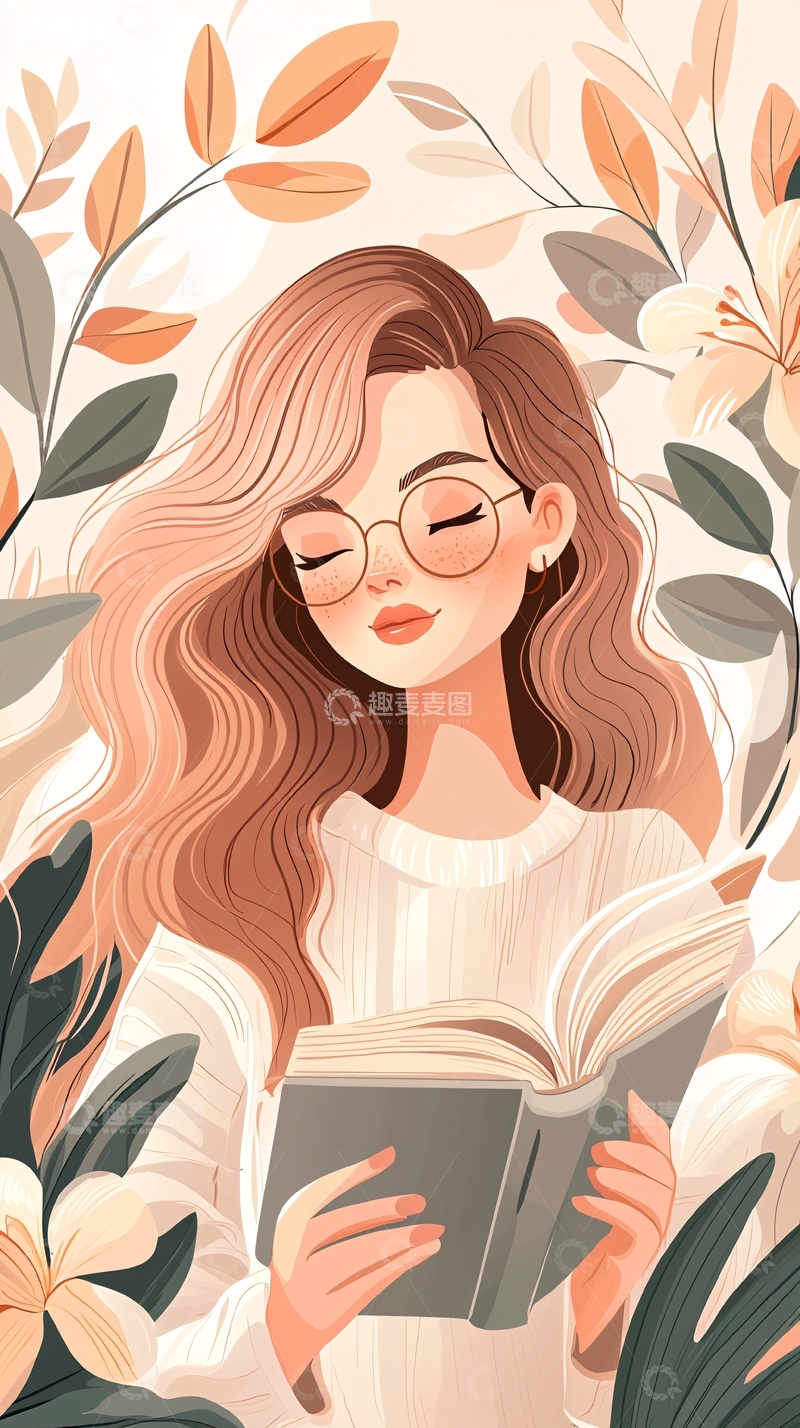高清大图下载【趣麦麦图】阅读中的女孩插画
