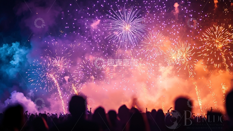 高清大图下载【趣麦麦图】烟花绽放夜空下的欢呼人群