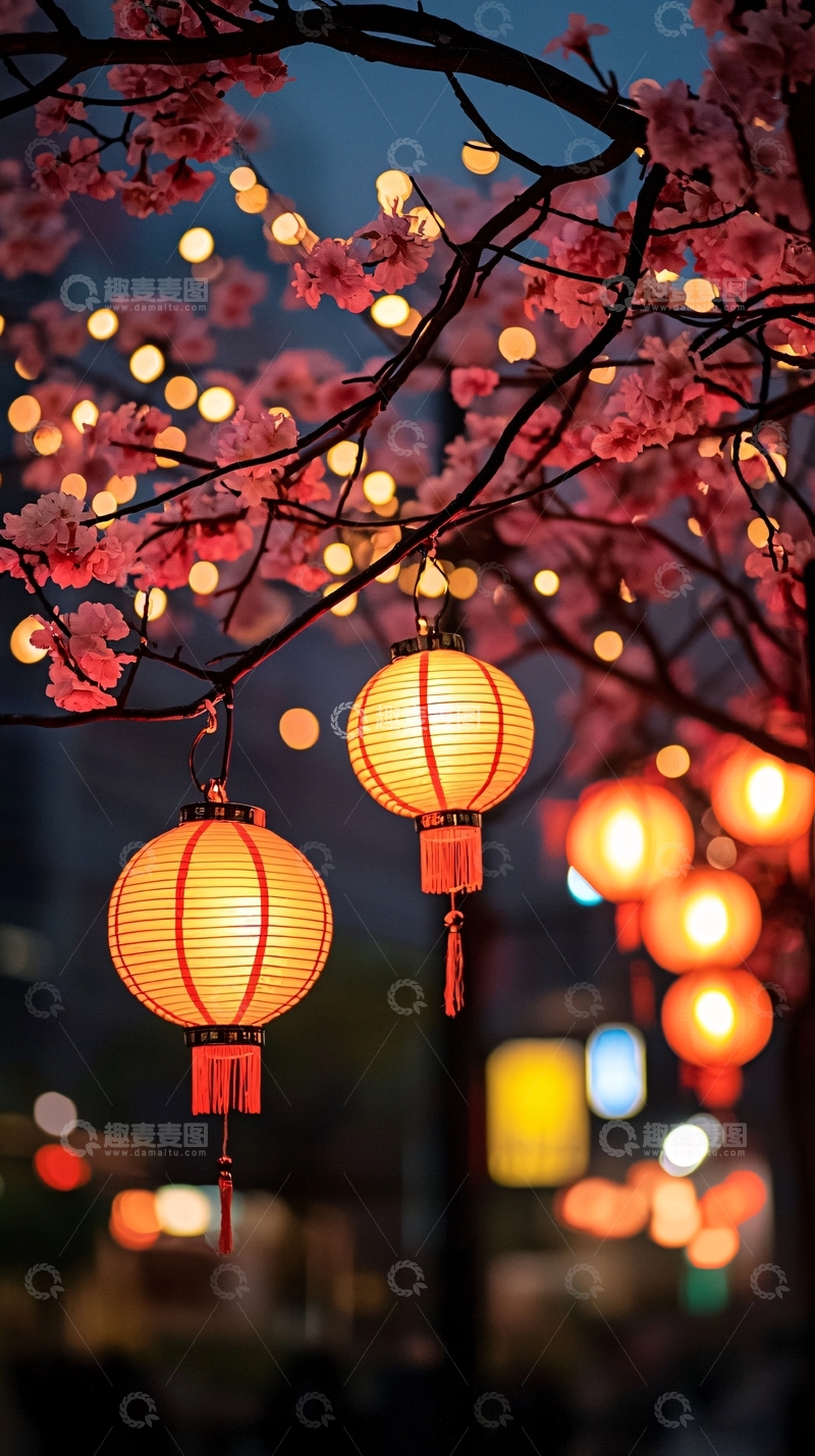 高清大图下载【趣麦麦图】樱花树下的灯笼夜景