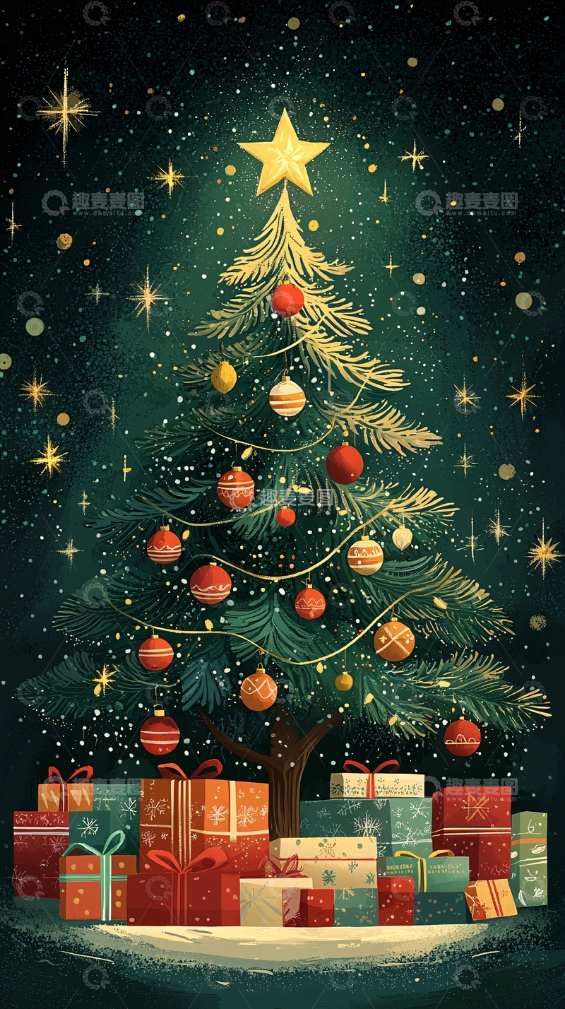 高清大图下载【趣麦麦图】圣诞树与礼物堆