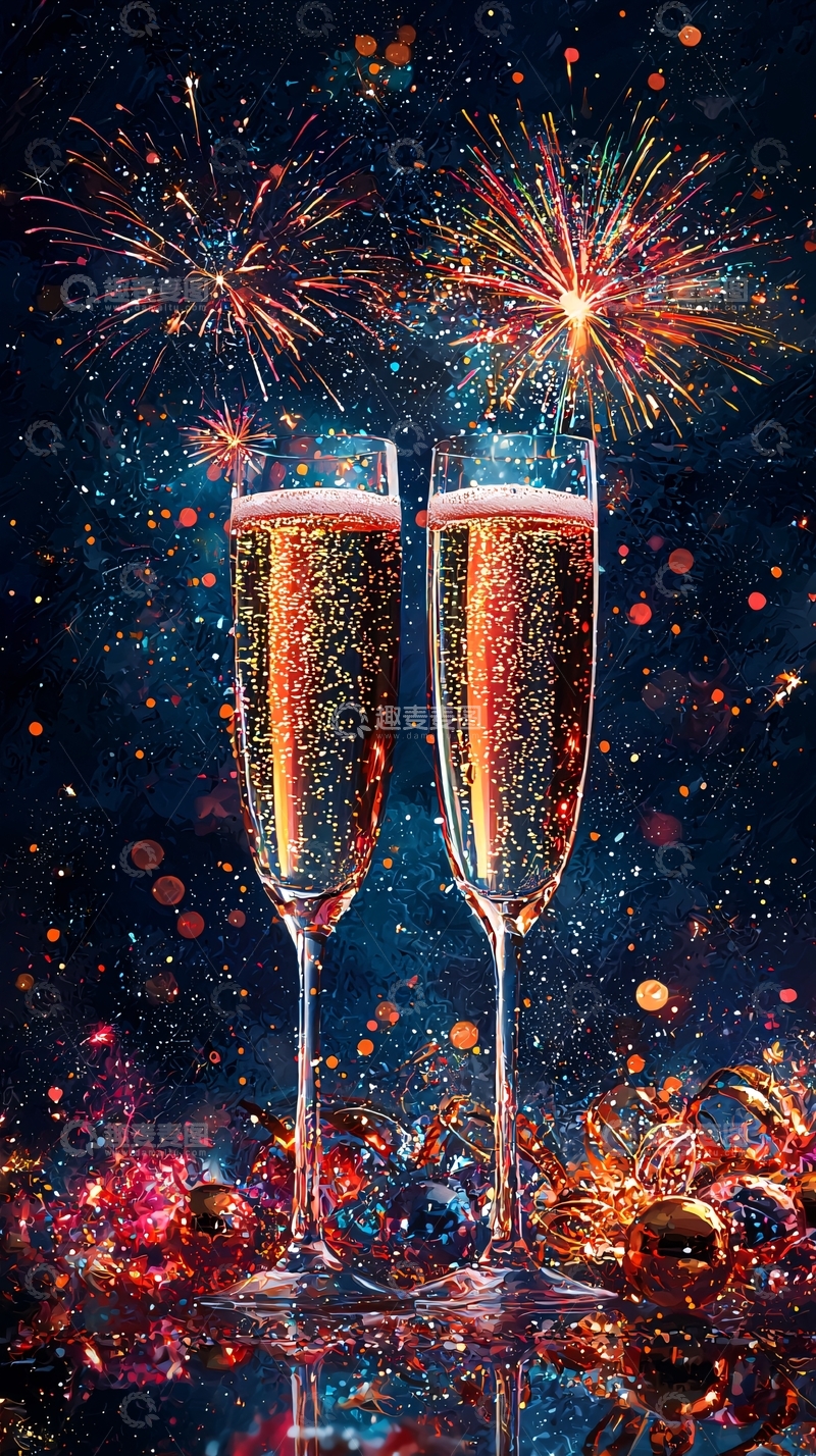 高清大图下载【趣麦麦图】烟花下的香槟庆祝场景