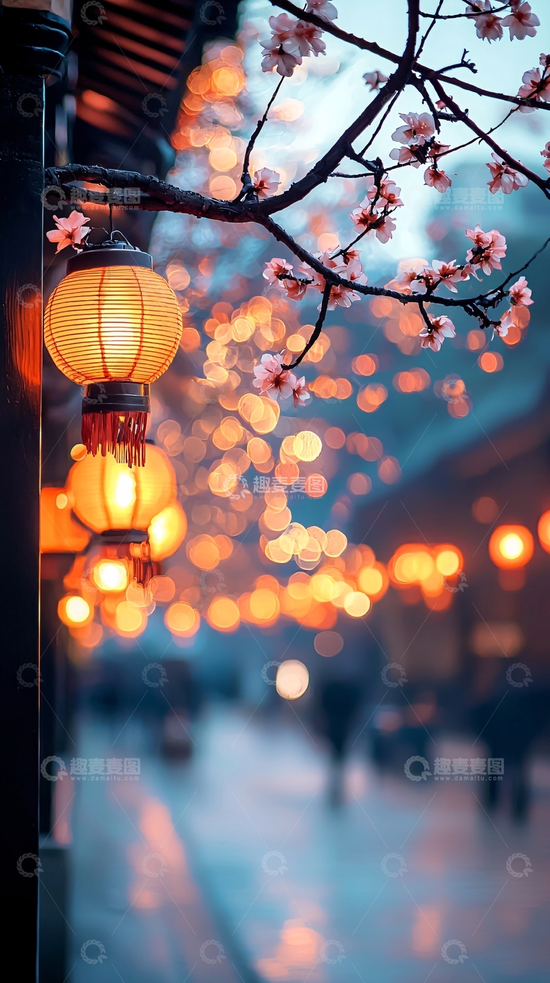 高清大图下载【趣麦麦图】樱花下的灯笼夜景