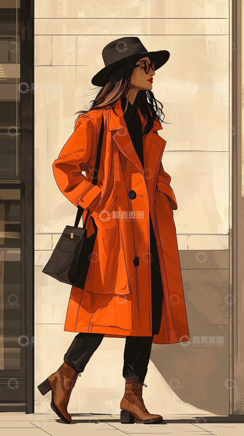 高清大图下载【趣麦麦图】橙色风衣时尚街拍