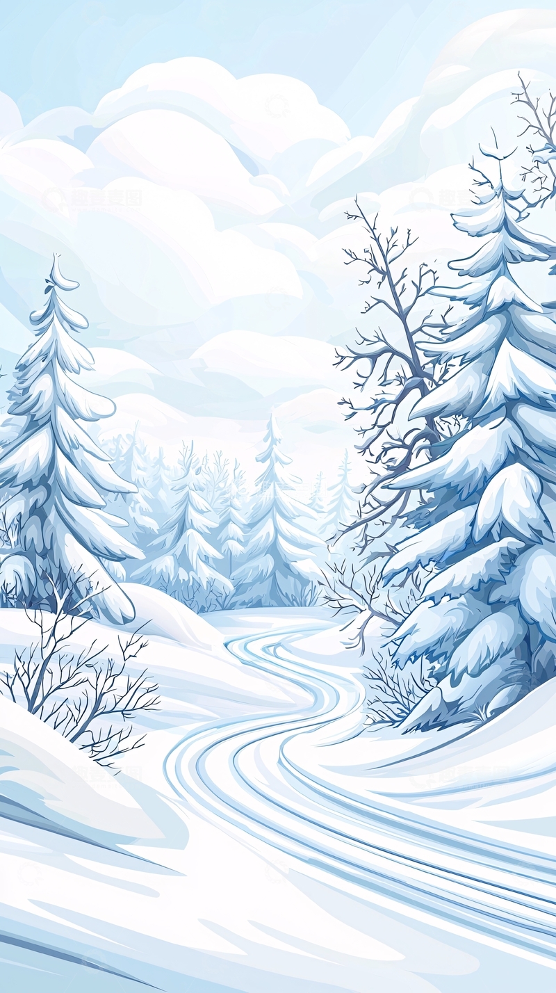 高清大图下载【趣麦麦图】冬日雪景小路插画