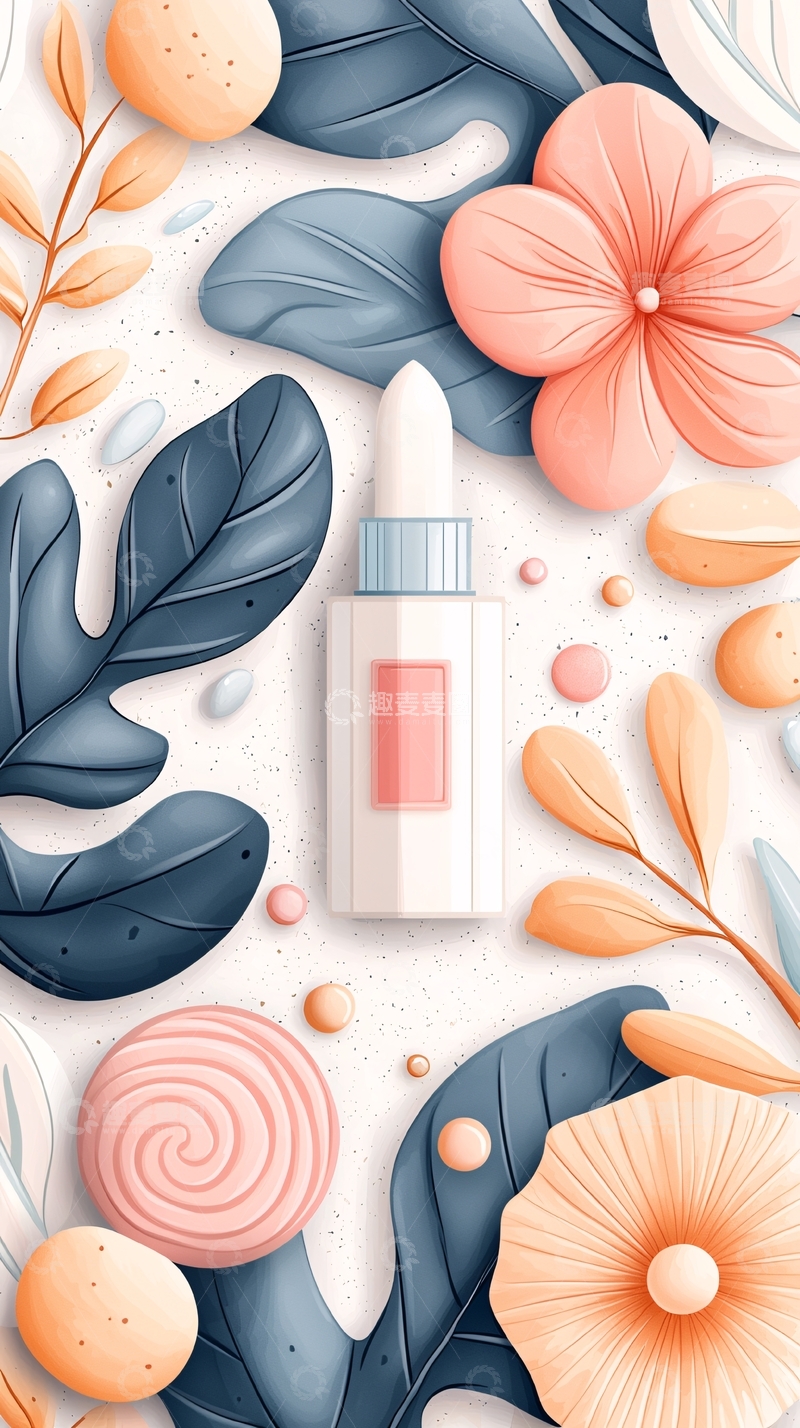 高清大图下载【趣麦麦图】自然花卉与化妆品插画背景