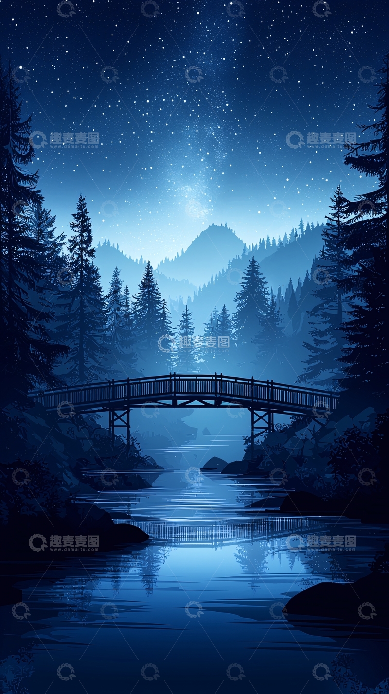 高清大图下载【趣麦麦图】-夜色中的森林小桥