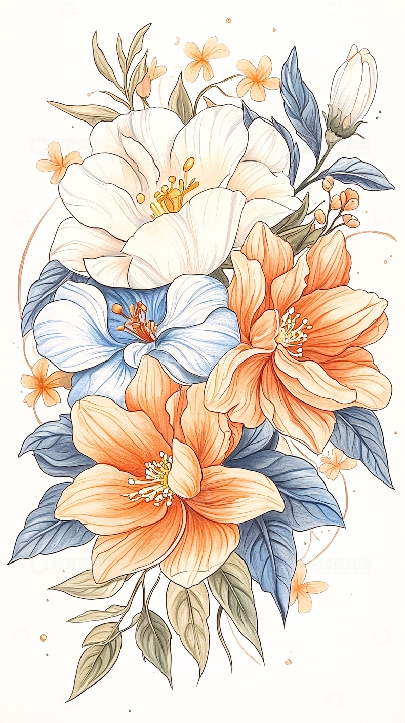 高清大图下载【趣麦麦图】秋日花卉手绘插画素材