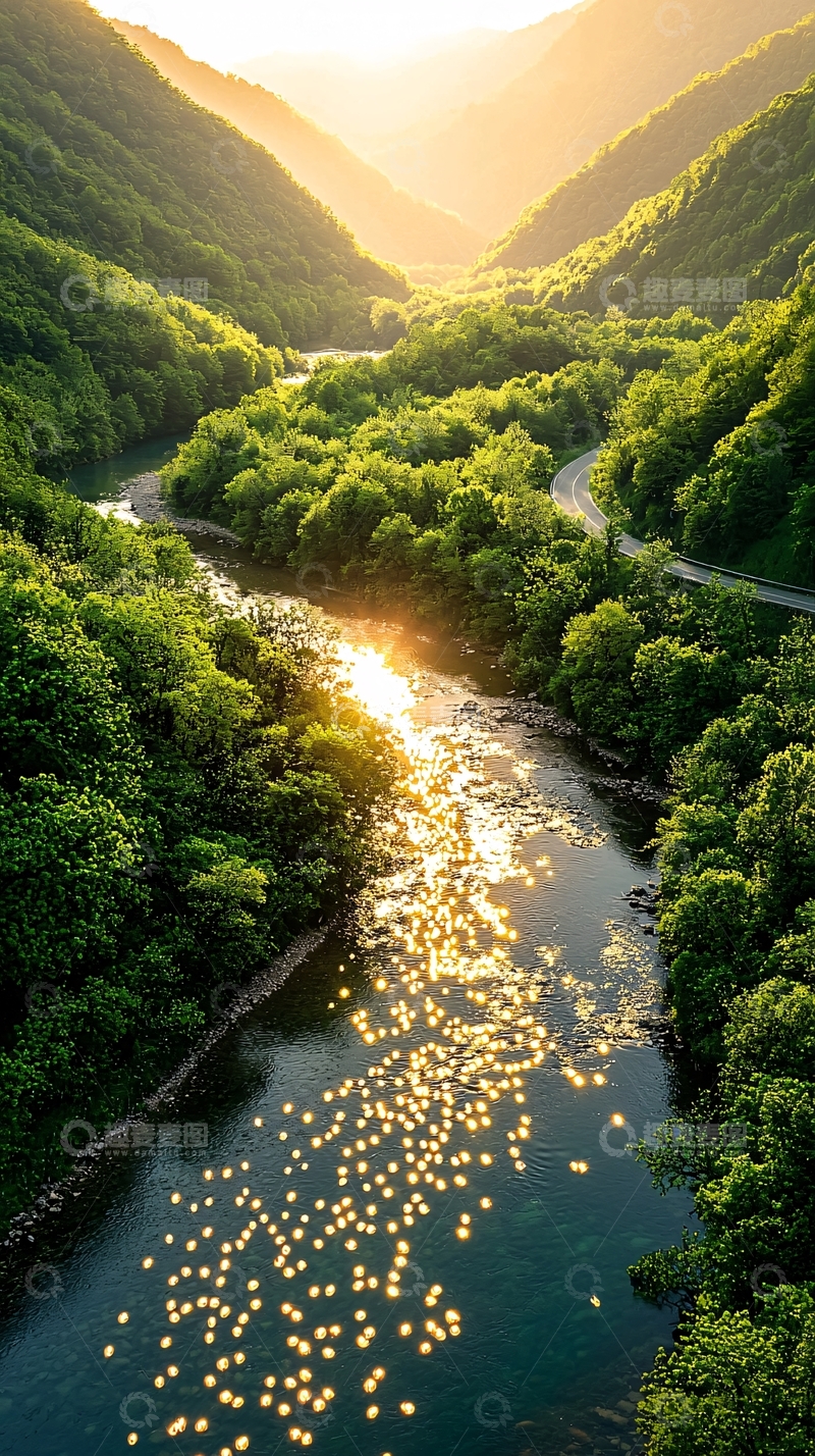 高清大图下载【趣麦麦图】山谷河流夕阳美景