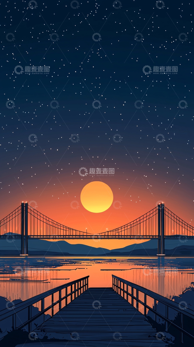 高清大图下载【趣麦麦图】夜空下的桥梁与码头