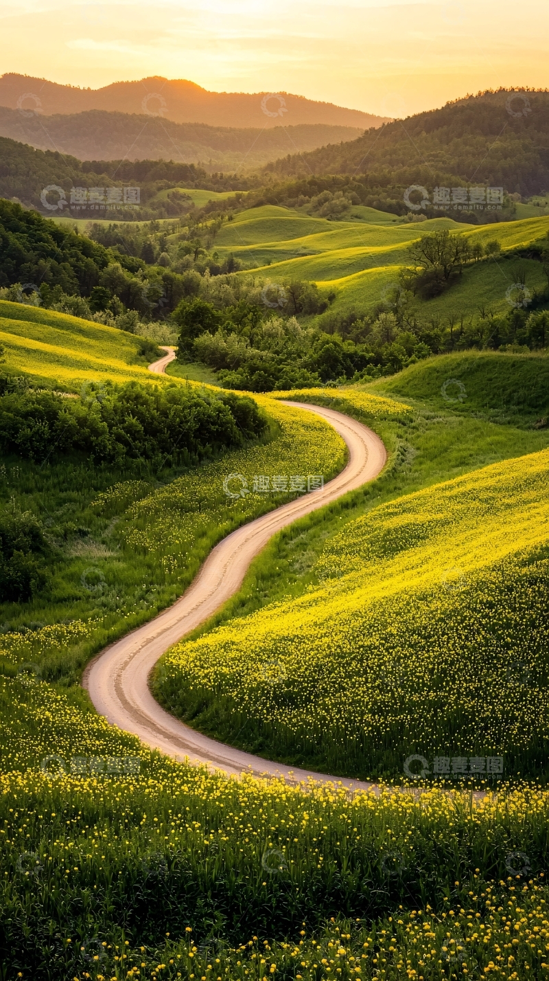 高清大图下载【趣麦麦图】蜿蜒山路与金黄色花海