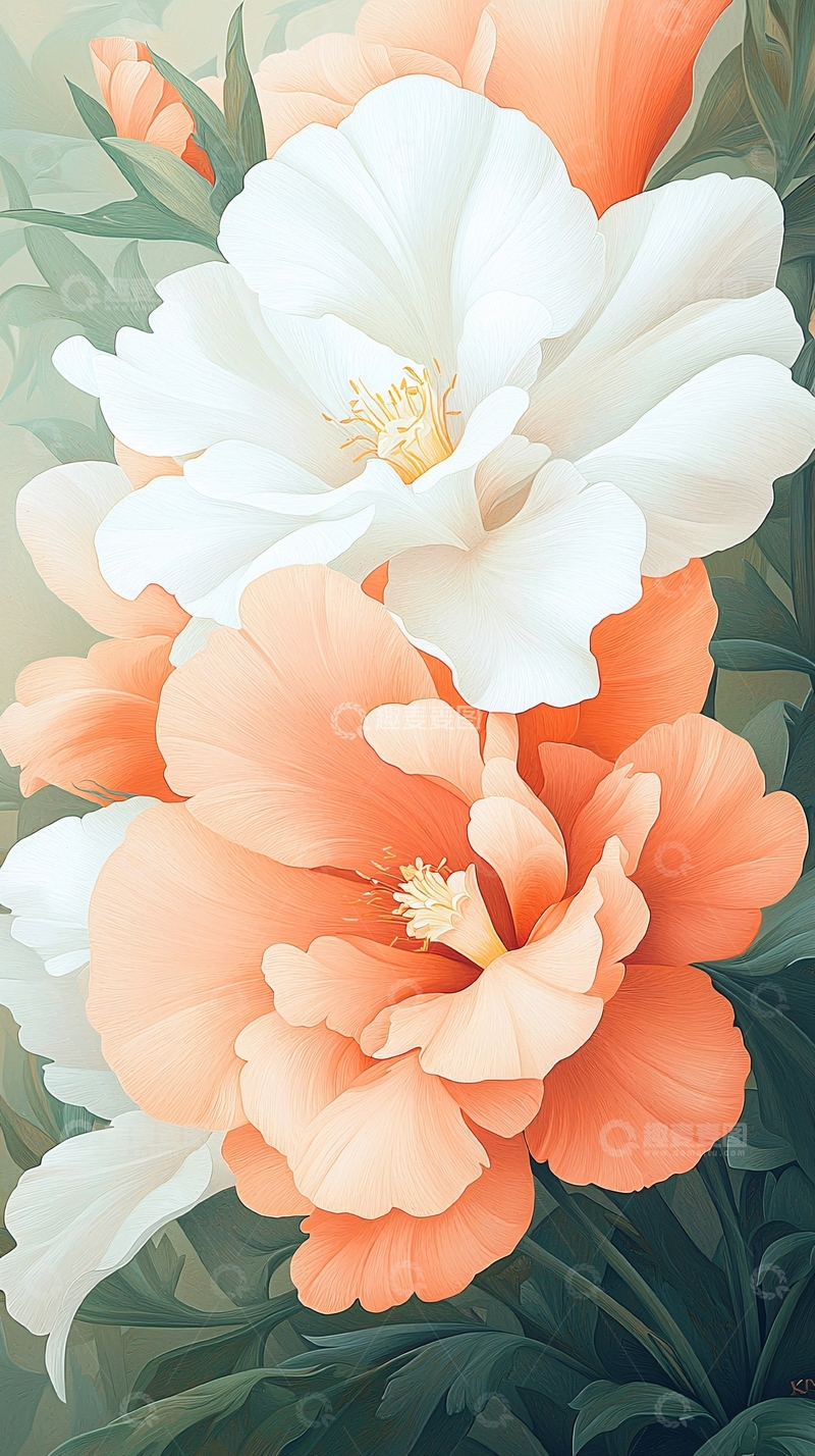 高清大图下载【趣麦麦图】橙白花卉艺术插画背景