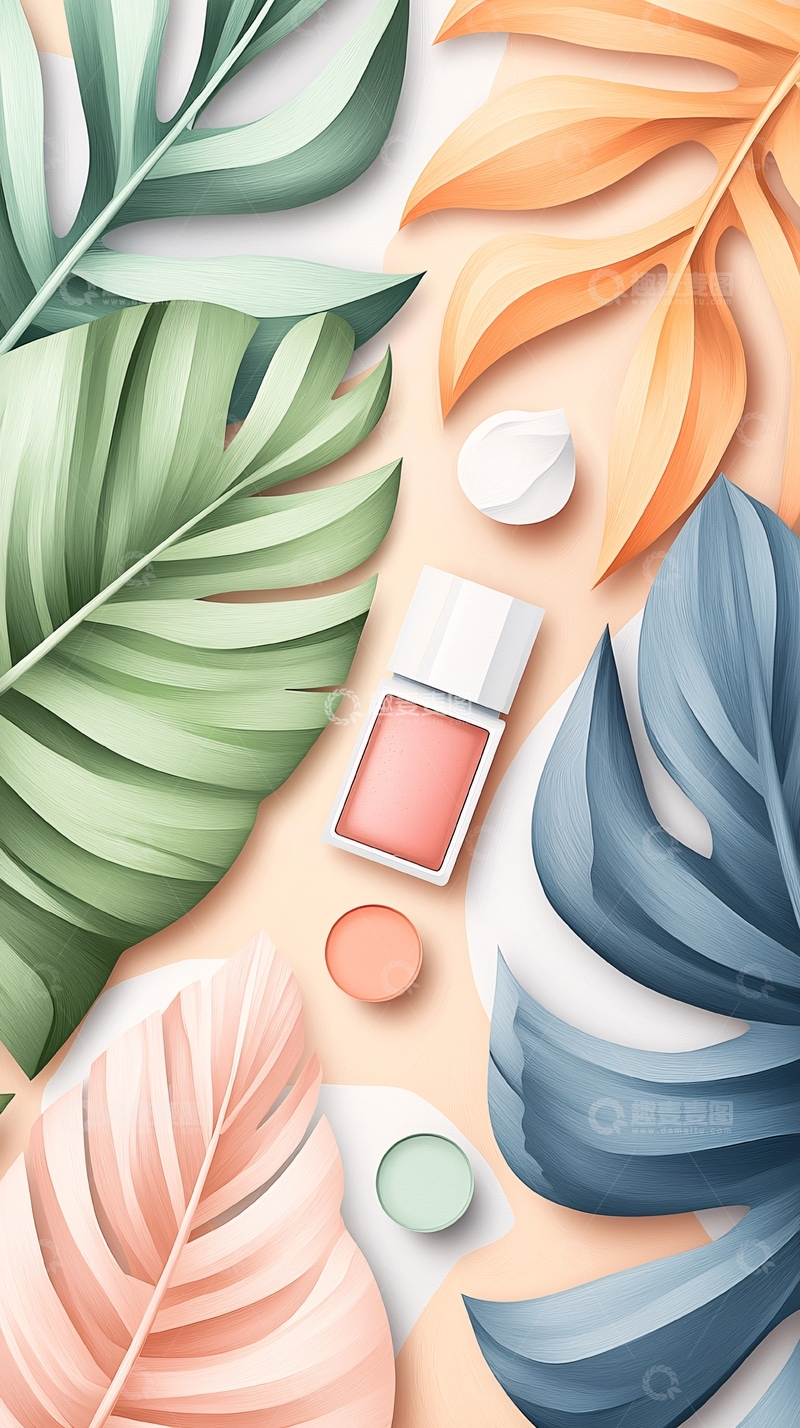 高清大图下载【趣麦麦图】热带植物与化妆品创意排列