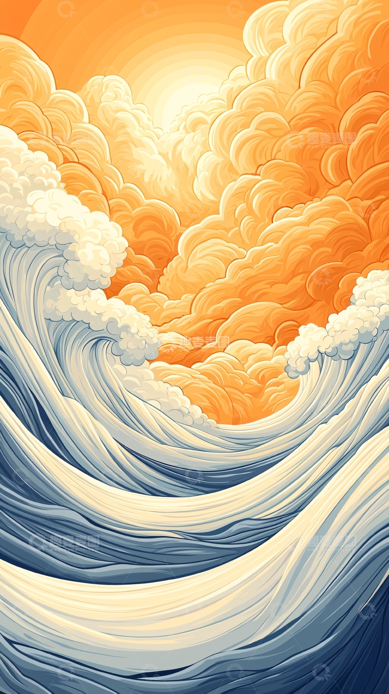 高清大图下载【趣麦麦图】海浪与云彩的艺术插画