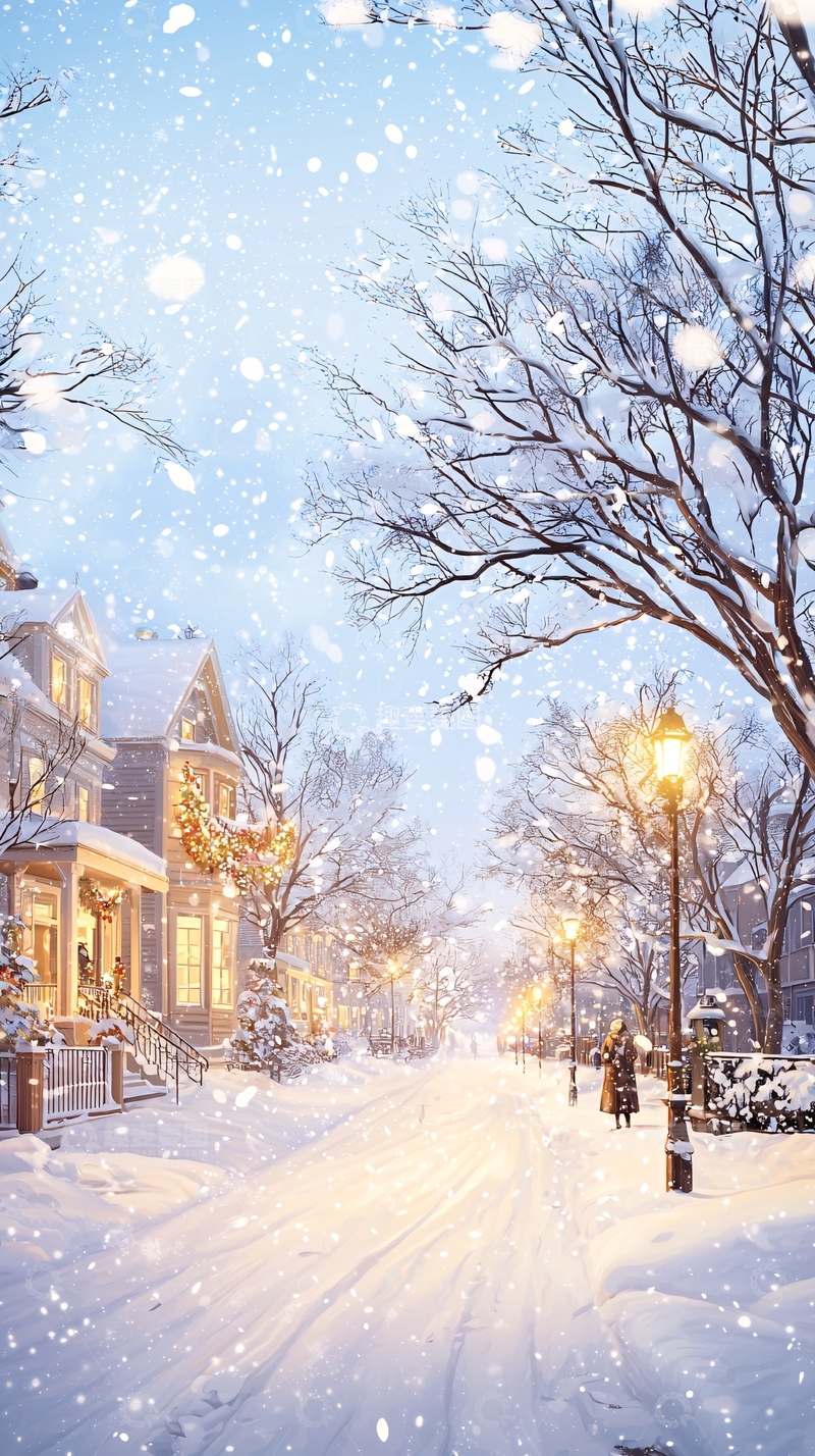 高清大图下载【趣麦麦图】冬日雪景街道漫步