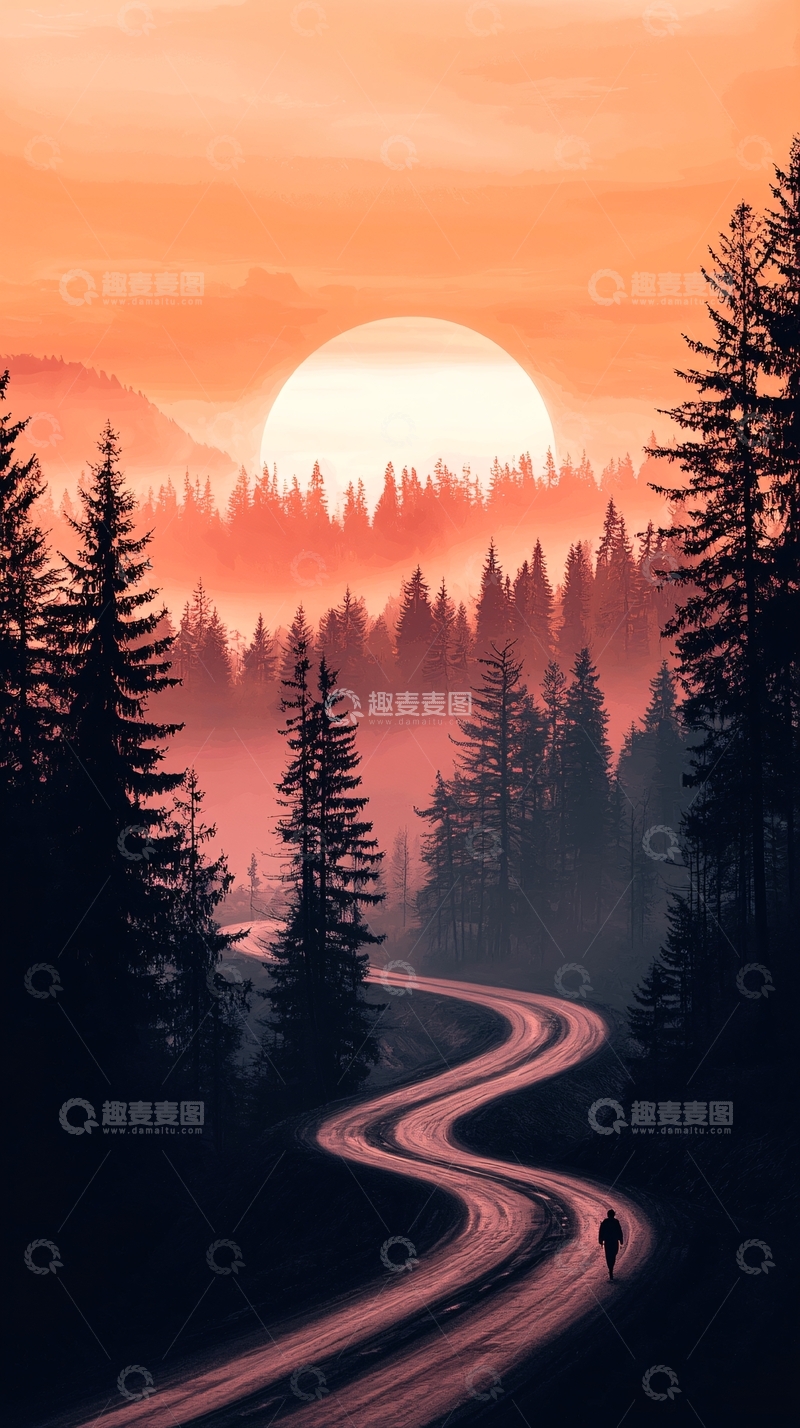 高清大图下载【趣麦麦图】夕阳下的森林小径