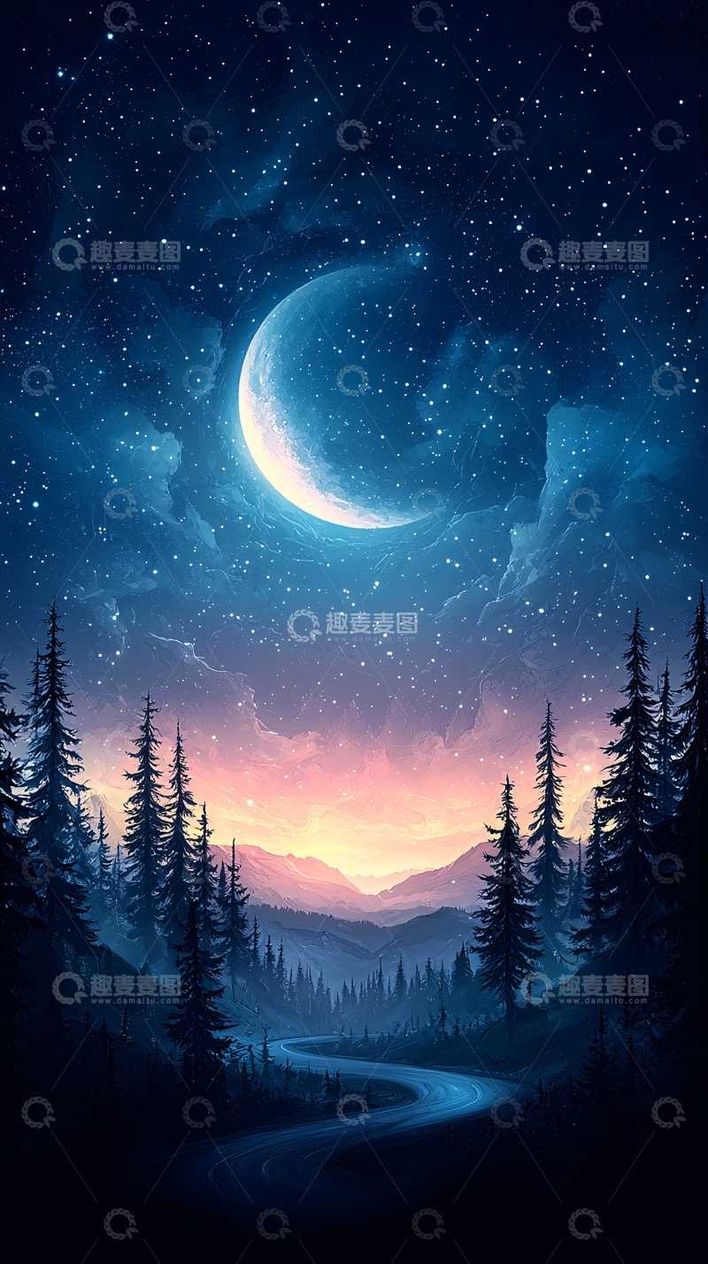 高清大图下载【趣麦麦图】夜空下的森林小径