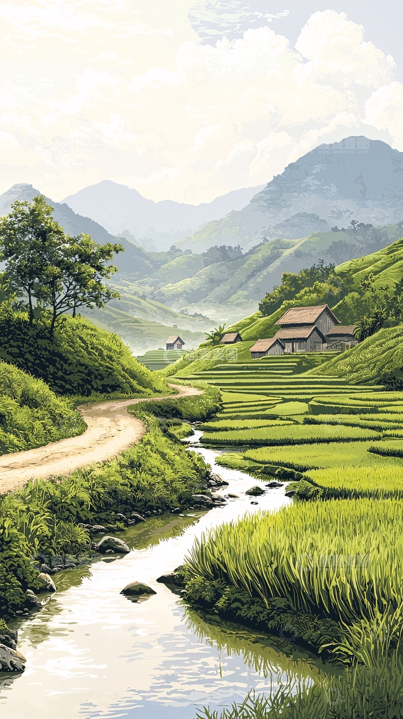 高清大图下载【趣麦麦图】梯田小溪乡村风景
