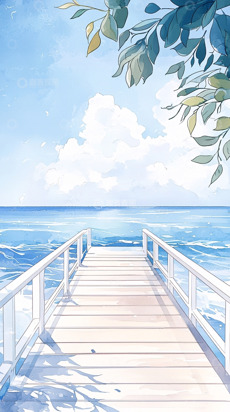 高清大图下载【趣麦麦图】海边木桥风景插画