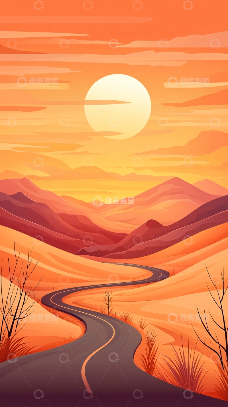 高清大图下载【趣麦麦图】夕阳下的蜿蜒山路