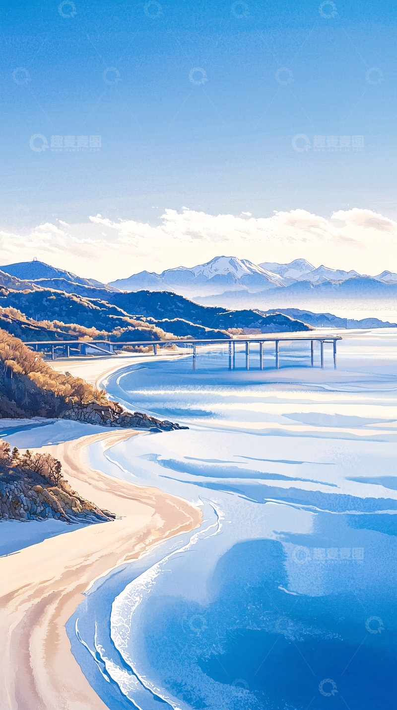 高清大图下载【趣麦麦图】雪山下的海滩与桥梁