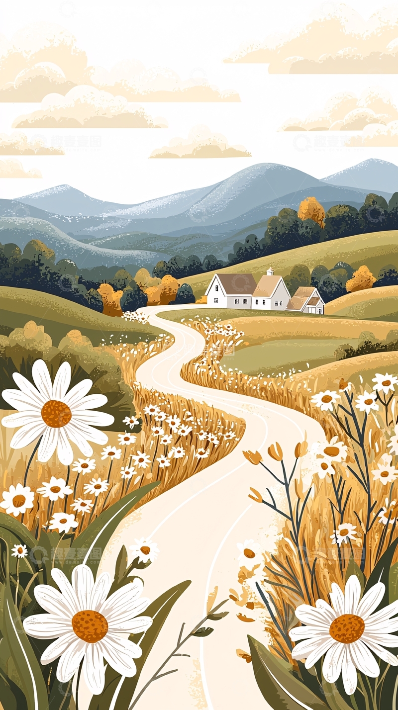 高清大图下载【趣麦麦图】秋日田园风光插画