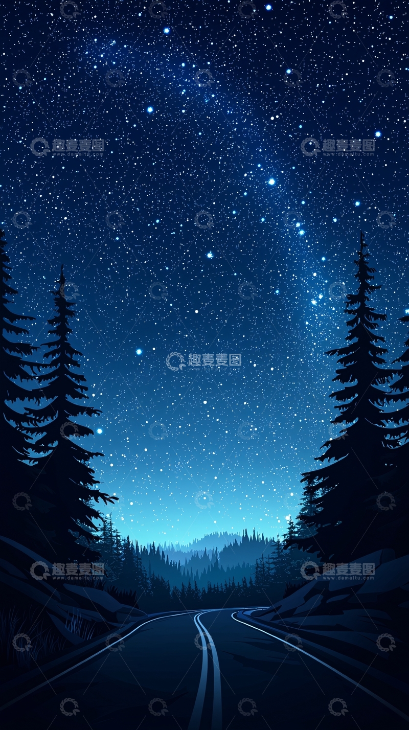 高清大图下载【趣麦麦图】夜晚森林中的公路
