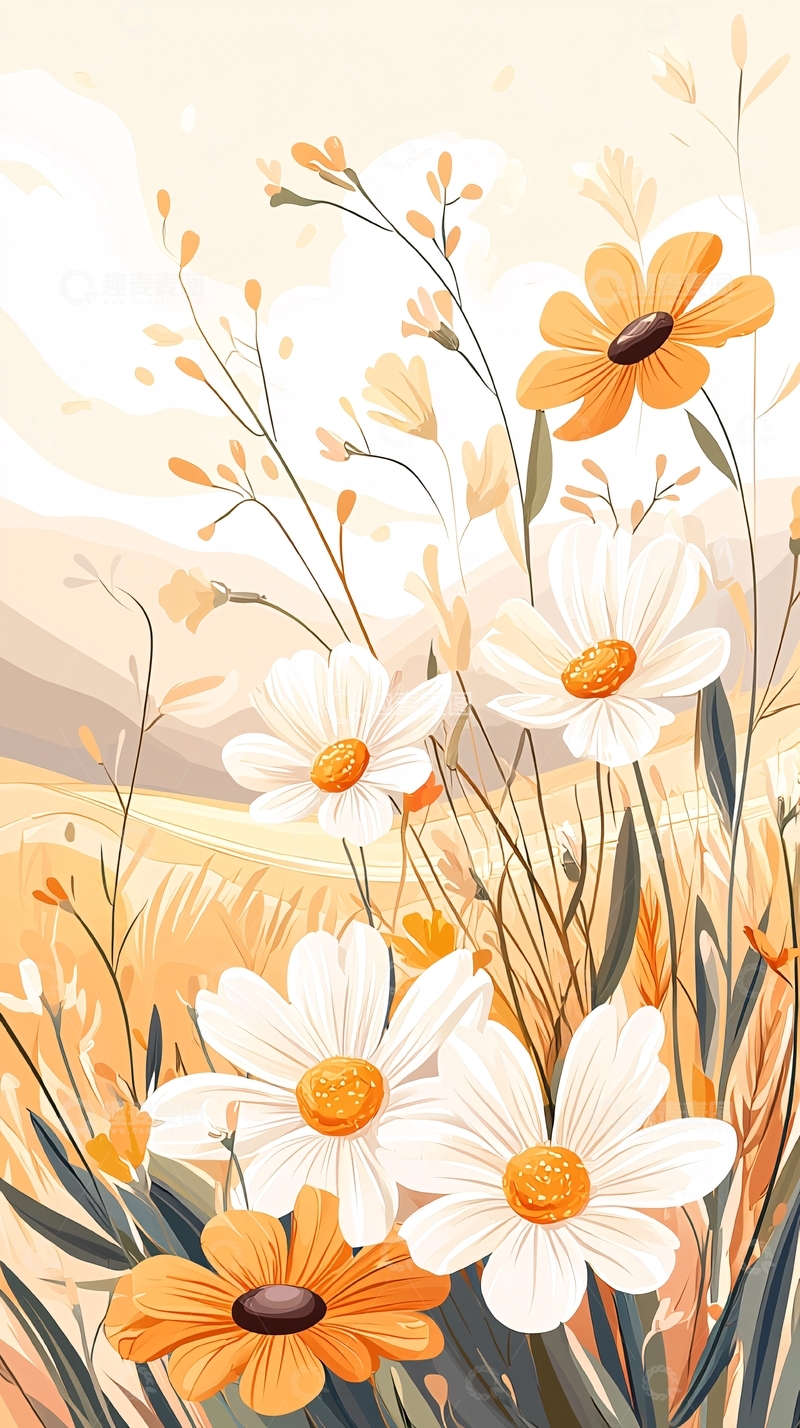 高清大图下载【趣麦麦图】秋日田野中的野花插画