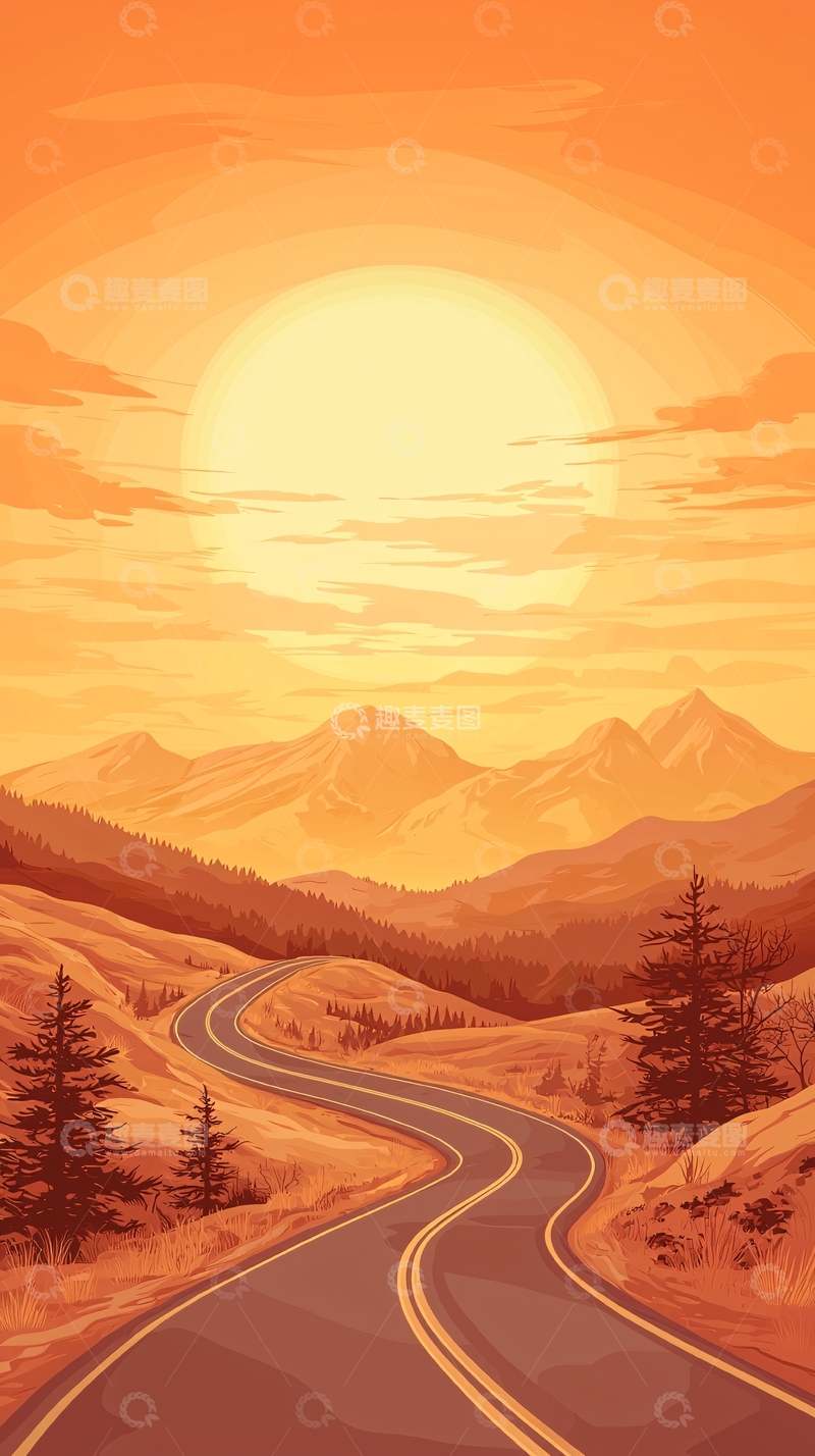 高清大图下载【趣麦麦图】夕阳下的蜿蜒山路