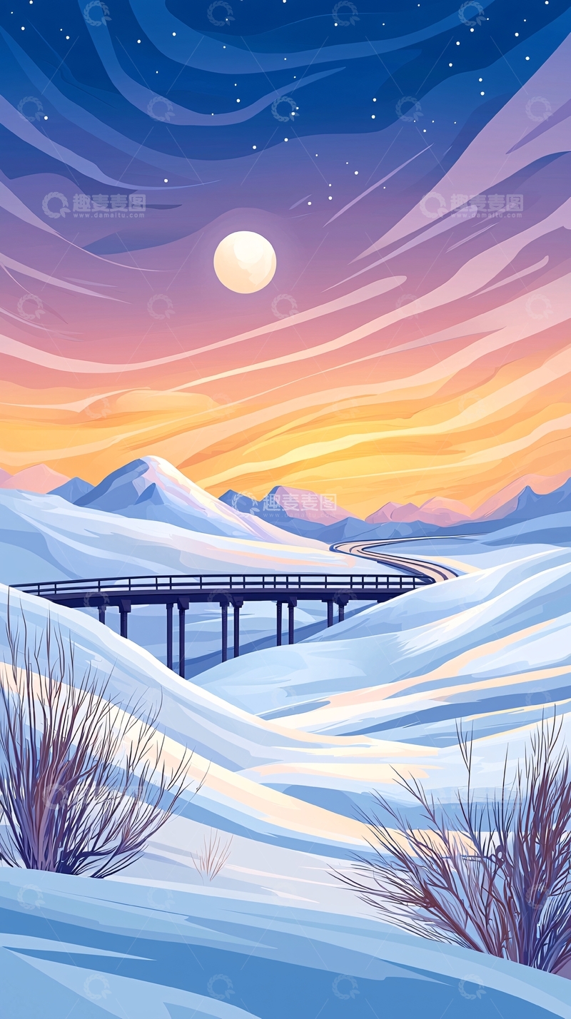 高清大图下载【趣麦麦图】冬夜雪景下的桥梁