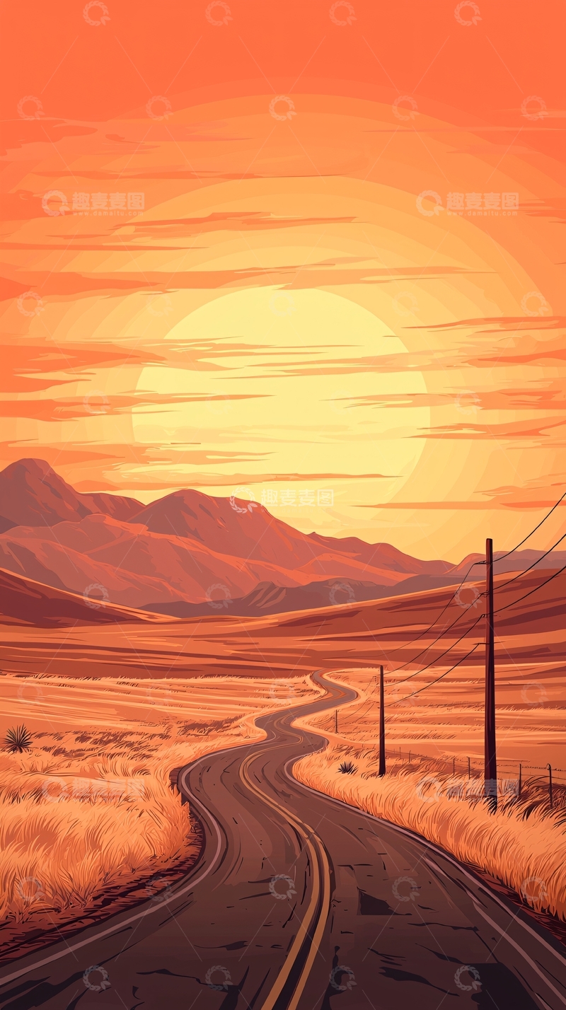 高清大图下载【趣麦麦图】夕阳下的蜿蜒山路