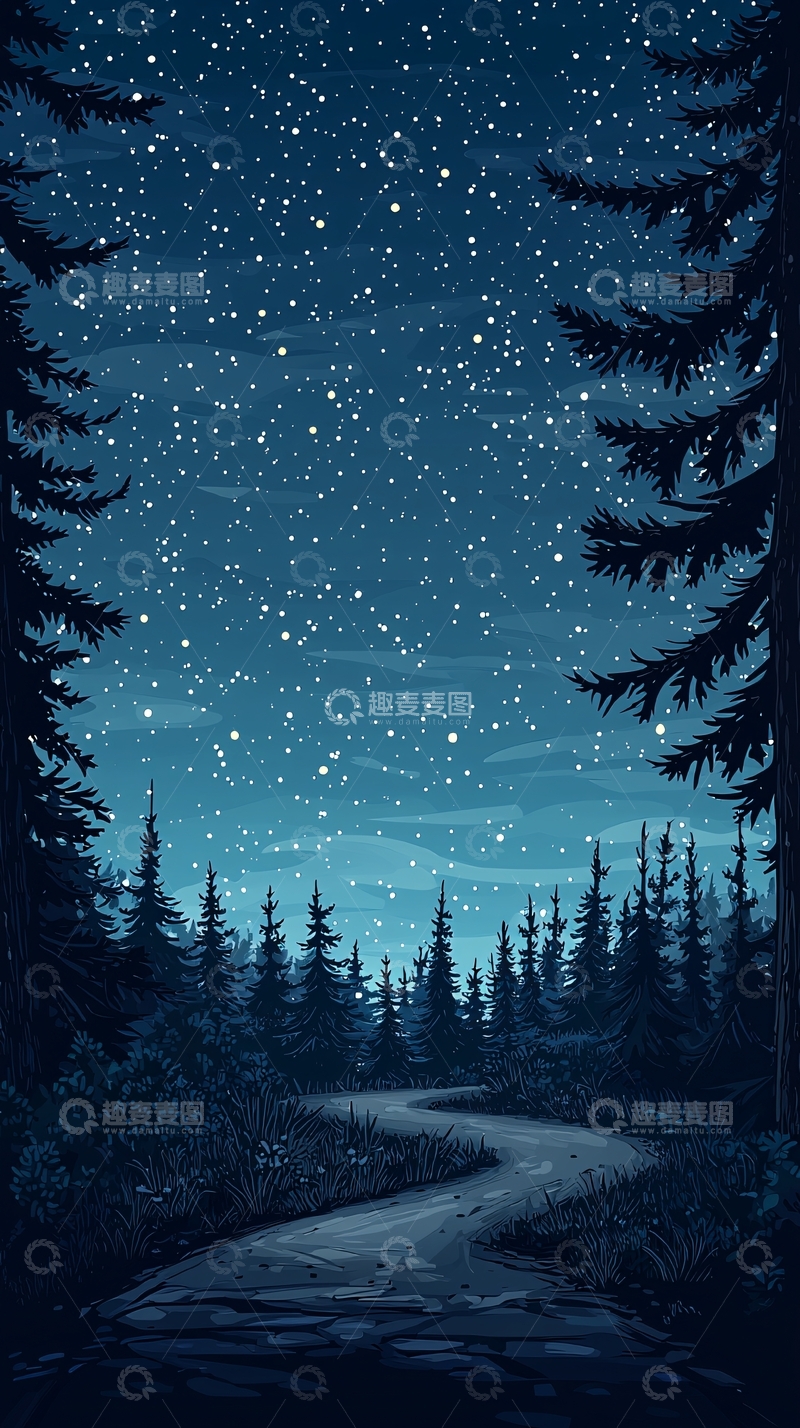 高清大图下载【趣麦麦图】夜色森林小径星空