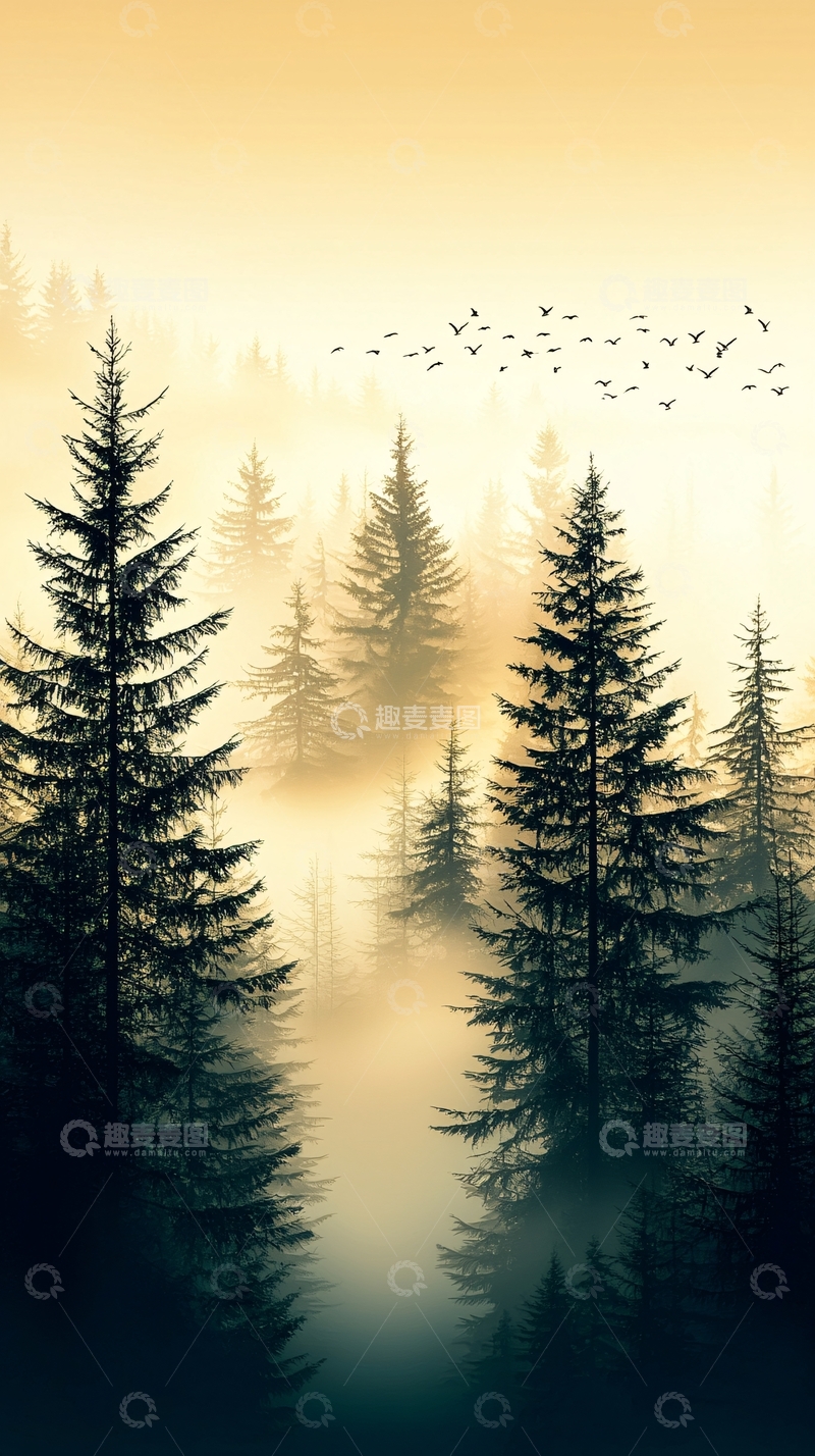 高清大图下载【趣麦麦图】晨雾中的松树林
