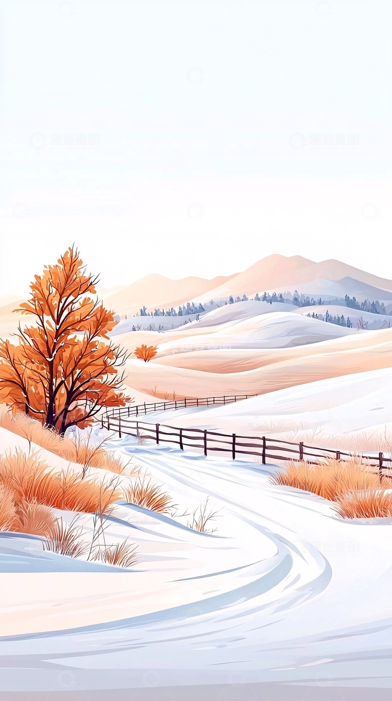 高清大图下载【趣麦麦图】冬日雪景与红叶小径
