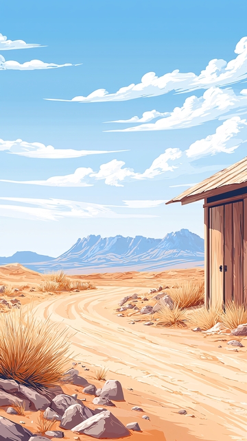 沙漠中的小屋与山脉