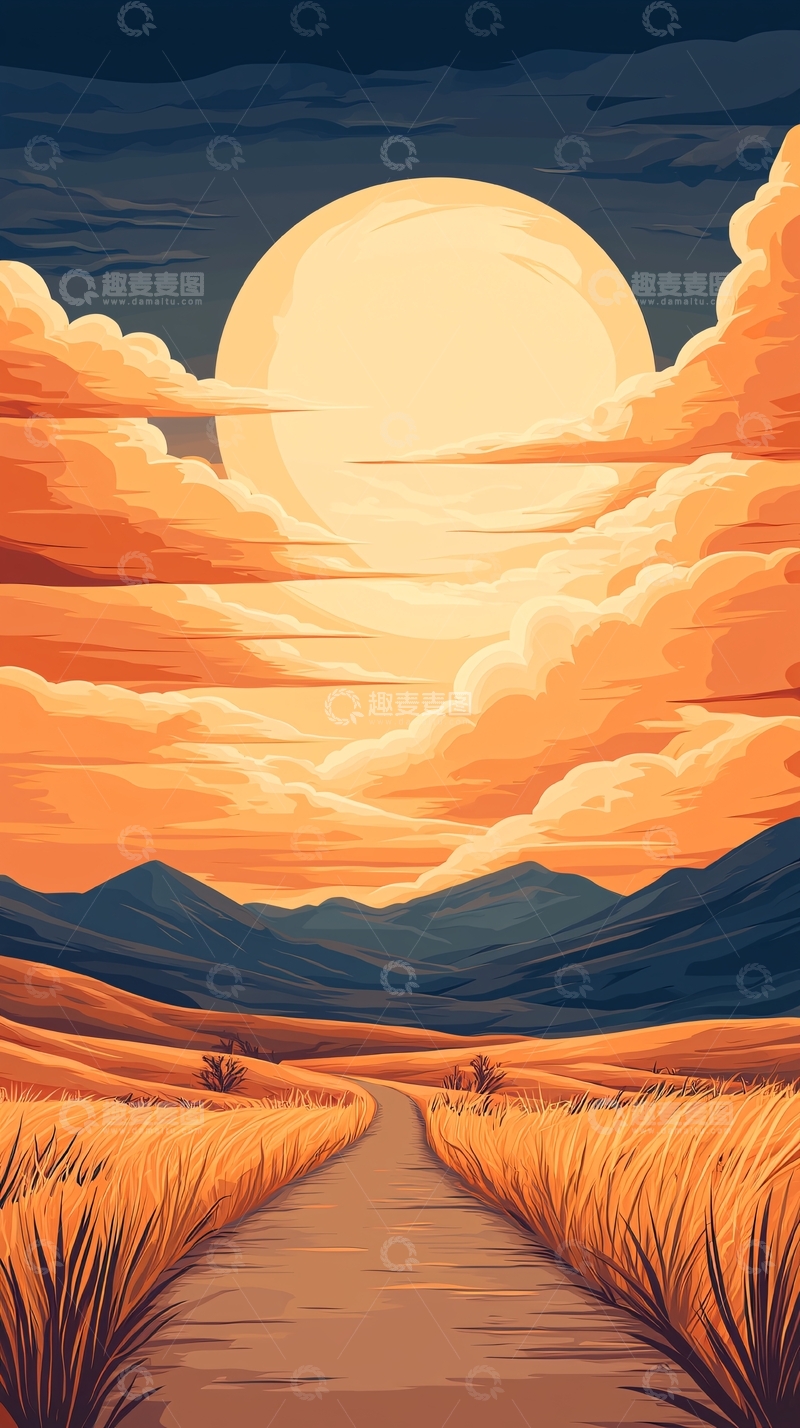 高清大图下载【趣麦麦图】沙漠夕阳下的小路