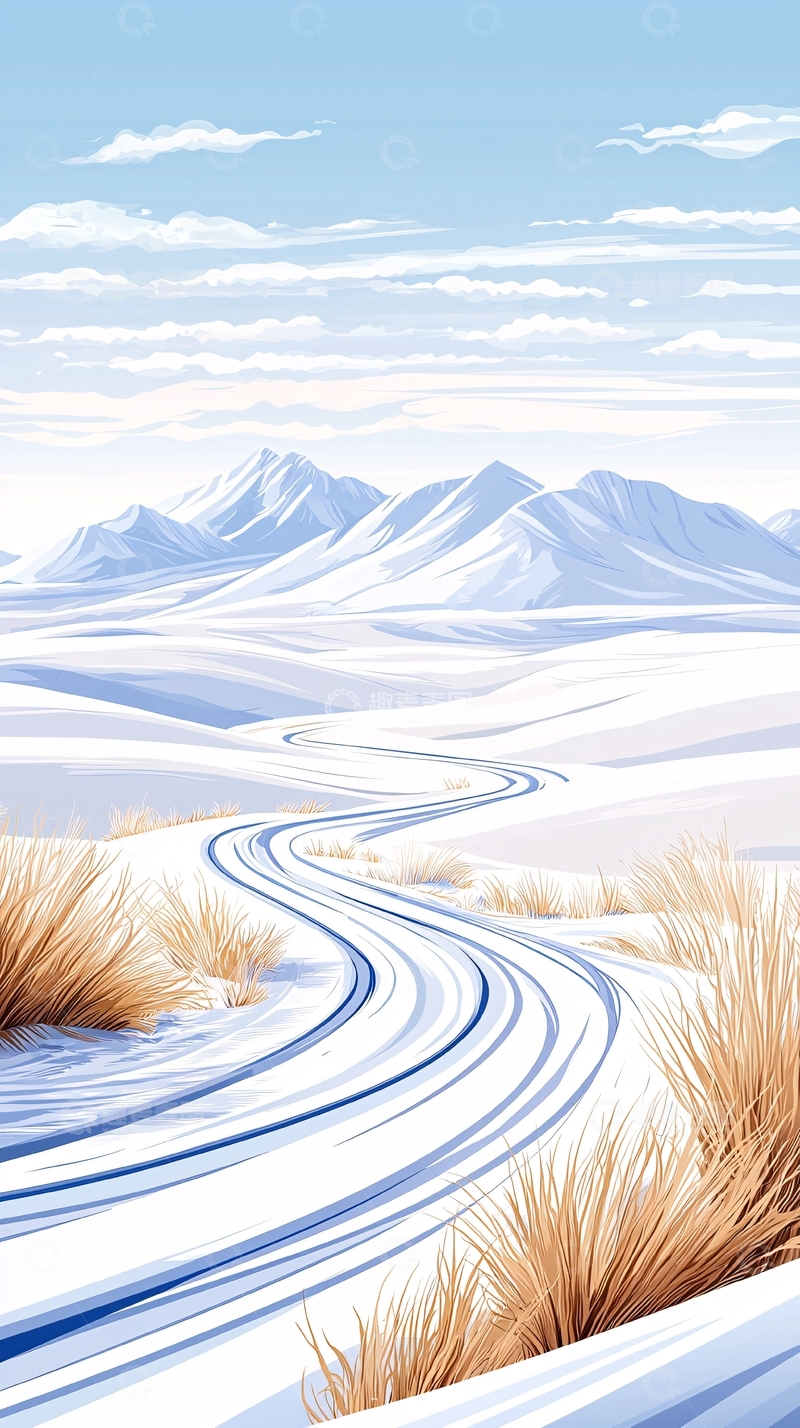 高清大图下载【趣麦麦图】雪地蜿蜒小路与雪山