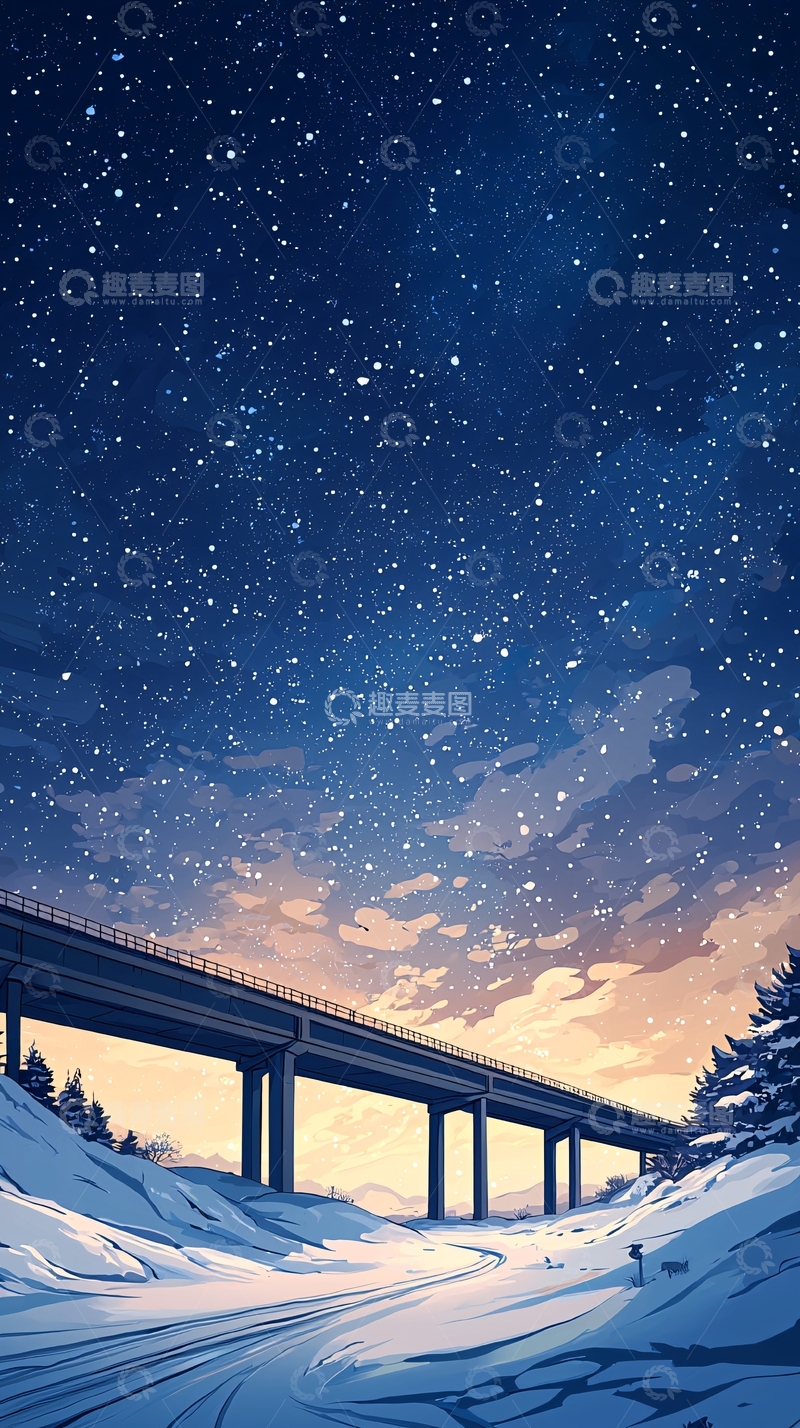 高清大图下载【趣麦麦图】冬夜雪景下的桥梁