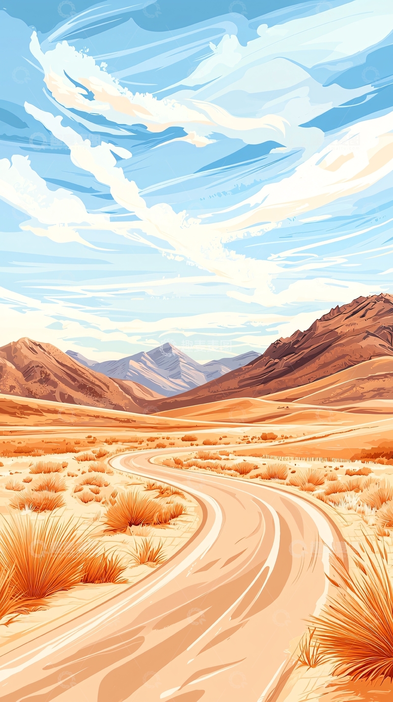 高清大图下载【趣麦麦图】沙漠公路风景插画