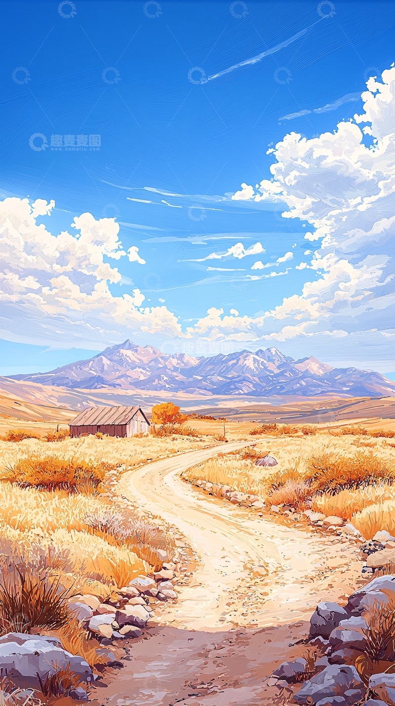 高清大图下载【趣麦麦图】秋日山间小路与木屋