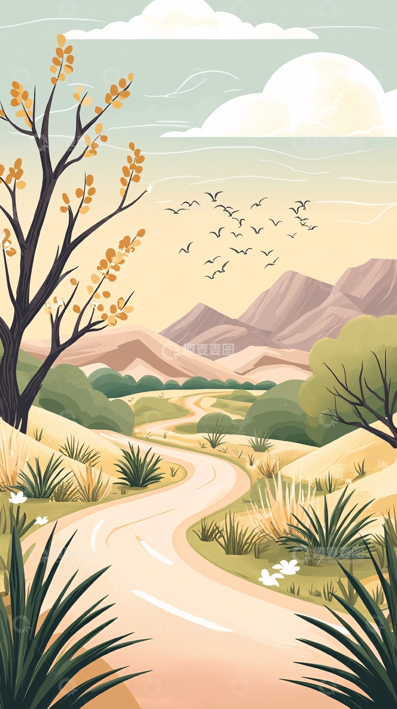 高清大图下载【趣麦麦图】沙漠小径与远山风景