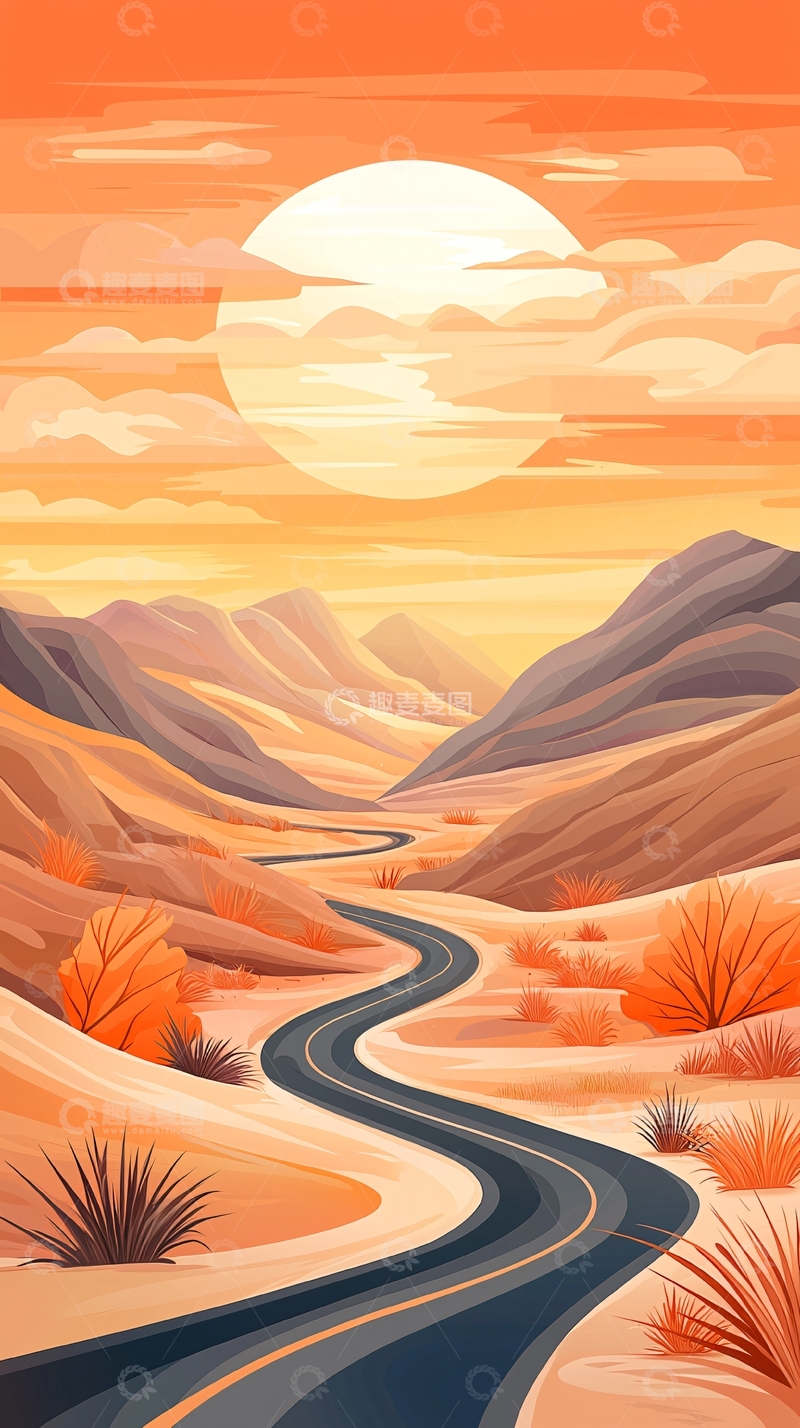 高清大图下载【趣麦麦图】沙漠公路日落风景图
