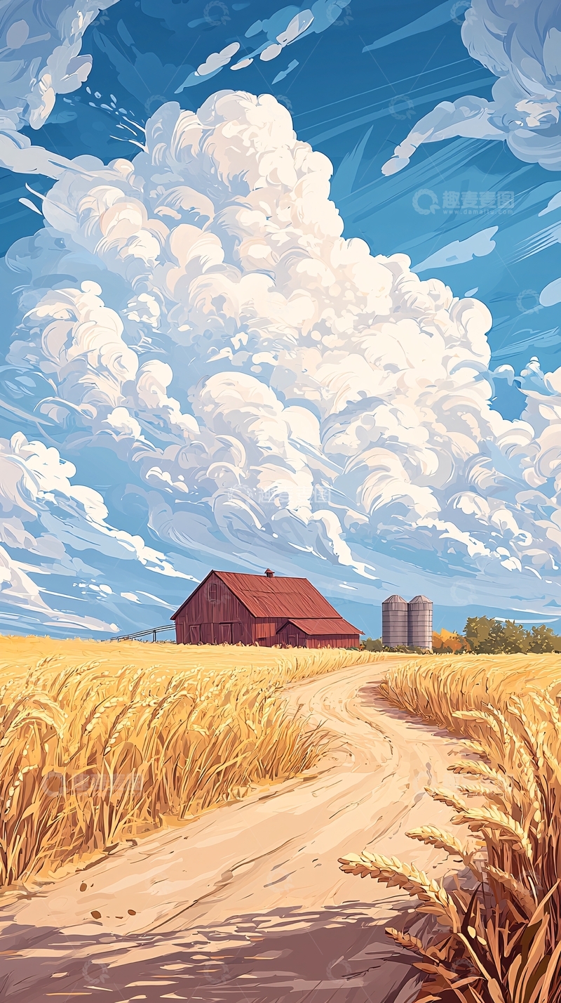 高清大图下载【趣麦麦图】金色麦田与红屋顶的乡村风景